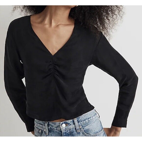 MADEWELL Brushed Ruched-Front True Black‎ Long Sleeve Top SIZE 0 NWOT - Picture 1 of 12